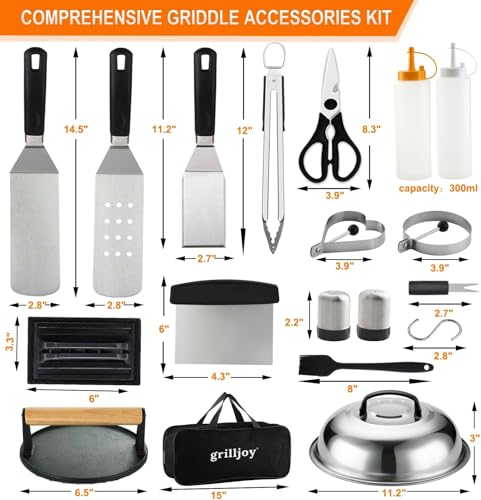 Grilljoy 38pcs Professional Griddle Accessories Kit for Blackstone, with Smash Burger Press, Extra Thick Griddle Spatula, Turner, Flipper - Flat Top Grill Accessories for Outdoor Grill