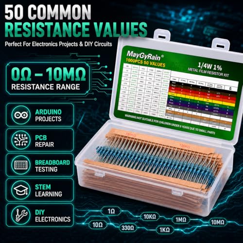 50 Values Metal Film Resistor Kit,1/4W 1% High Precision Axial Lead Resistors, Resistor Assortment with Storage Box for DIY Projects,Electronic Repair Circuit (1/4W-50Values-1000PCS, Metal) - style: 1/4W-50Values-1000PCS