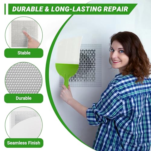 12 x 12 Inch Drywall Repair Kit – 4 Pcs Large Drywall Patch for Wall & Ceiling Holes, Heavy-Duty Aluminum Self-Adhesive Mesh, Includes Plastic Drop Cloths, Scrapers, Sandpaper & Gloves - Quick Fix