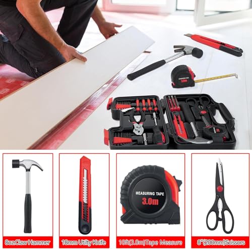 MARTCOLOR 58-Piece Household Tool Set, Red Hand Kit with Storage Case - color: Red