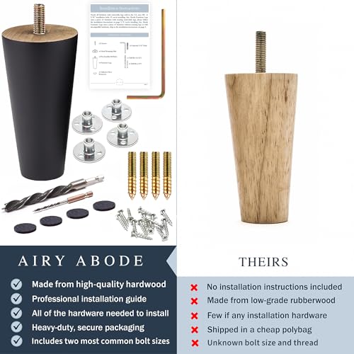 Airy Abode Premium Black Wood Furniture Legs (Full Install Kit) - Pick Your Size and Color - color: Black, size: 12 Inches