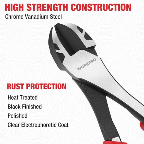 WORKPRO 8 Inch High Leverage Diagonal Pliers, Cr-V Steel & Anti-Slip Handle | Heavy Duty Wire Cutters, Diagonal Cutters, for Cutting Copper, Brass, Iron, Aluminum & Steel Wires