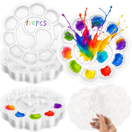 100 Pcs Large Clear Plum Blossom Paint Tray Palette Disposable Watercolor Palette Acrylic Pallet Color Mixing Tray for Painting Party Oil Watercolor Craft Supplies DIY Art Painting - style: Plum Blossom 13 Square