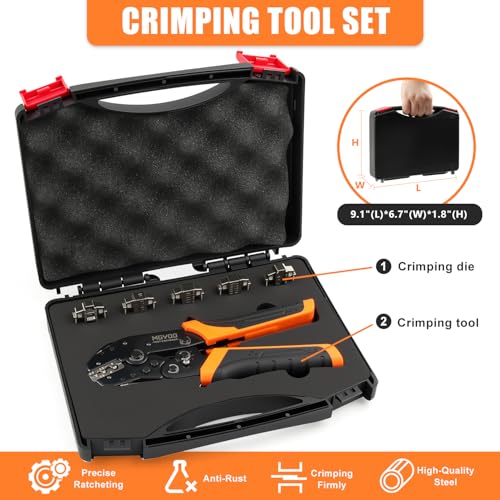 Wire Crimping Tool Kit 7Pcs Ratchet Wire Crimper for Insulated Nylon Connector,Non-Insulated Butt Connectors Ring Terminals,Open Barrel Terminals,Solar Connectors - Crimp Tool with 6 Dies