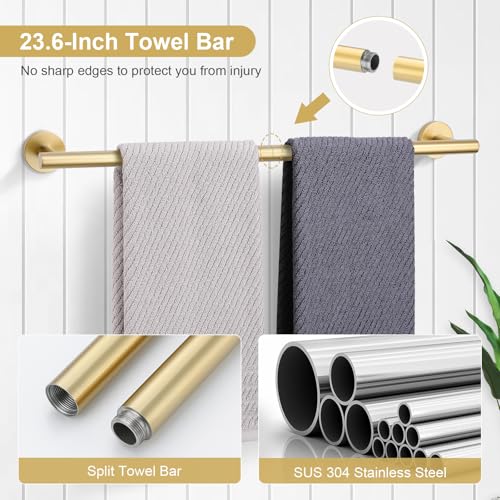 TQKAG 5 Piece Bathroom Accessories Set Brushed Gold Bathroom Hardware Set 23.6 Inch Bath Towel Bar Set SUS304 Stainless Steel Towel Rack Set - color: Brushed Gold, size: 5-Pieces Set