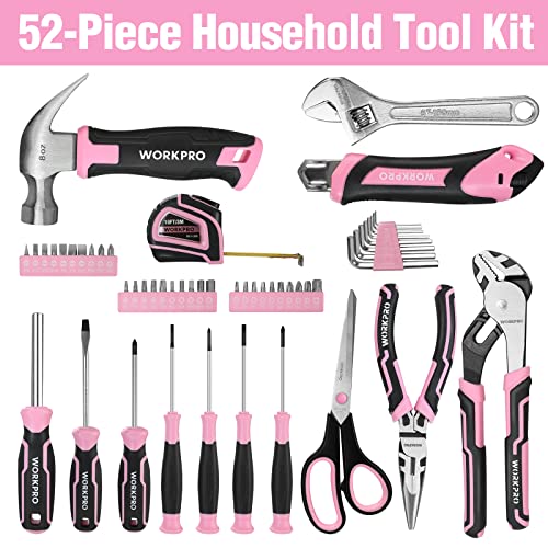 WORKPRO 52-Piece Pink Tools Set, Household Tool Kit with Storage Toolbox