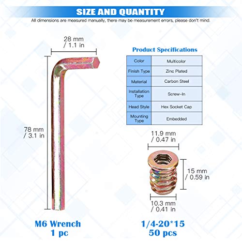 Glarks 50Pcs 1/4"-20x15mm Threaded Inserts Nuts Zinc Plated Carbon Steel Hex Socket Drive Furniture Flanged Screw-in Nut with M6 Hex Wrench for Wood Furniture (1/4"-20 x 15mm) - size: 1/4"-20 x 15mm