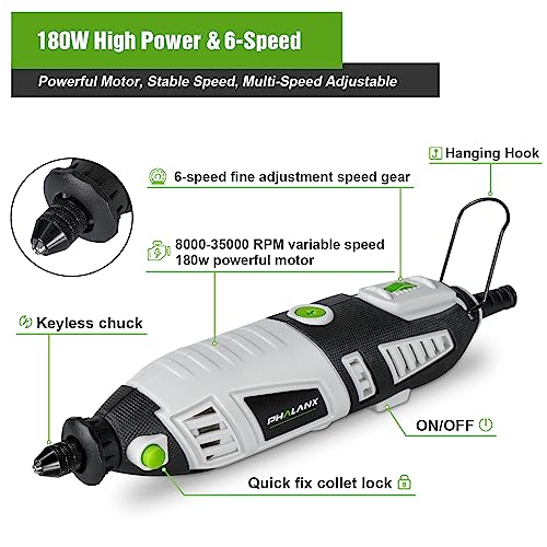 PHALANX 180W Rotary Tool Kit, 1.5-Amp 6 Variable Speed with Flex Shaft, 8000-35000RPM Rotary Multi-Tool& 213pcs Accessories Kit, Power Multiuse Set Prefect for Crafting Projects and DIY Creations - color: 213pcs Rotary Tool