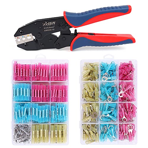 Heat Shrink Crimping Tool Kit,Zhushan Ratcheting Wire Crimper for 330pcs (AWG 26-10) and 260pcs (AWG 22-10) Heat Shrink Butt Connectors, Insulated Waterproof Electrical Terminals Splice Connectors - style: Heat Shrink Crimping Tool（260pcs+330pcs）