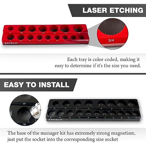 EACELIY Magnetic Socket Organizer Set,SAE & Metric Socket Holder Kit,，Tools tray， holds 35 Deep and Shallow 1/2" Sockets, attaches to steel box/tool cart (sockets not included) 丨2PC 1/2" - size: 2PCS 1/2inch