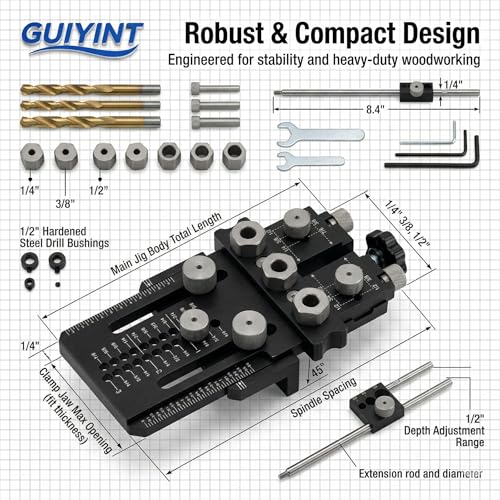 Tool Dowel Jig Kit Self Centering Doweling Jig Woodworking Joinery | Replacement for premium rigs. Drill 1/4, 3/8 and 1/2 Inch Accurate Straight Dowel Holes with our master guide framework.