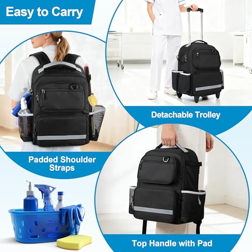 HODRANT Rolling Clean Backpack with Detachable Trolley & Waterproof Bottom | Large Cleaning Supplies Bag with Handle & Support Plate, Cleaner Caddy Organizer for Car Wash & Housekeeping Tool Storage