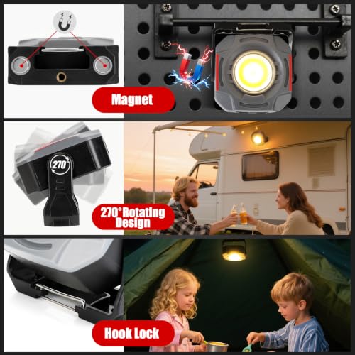 SUNPRO Magnetic Job Site Light Rechargeable FloodLight with Hook(1, Grey) | Portable Work Light with 270° Rotating Stand Stepless Dimmable Flashlight for Home Hurricane Camping Car Repaire Emergency