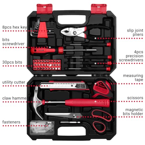DEKOPRO 50 Piece General Household Hand Tool Kit with Plastic Toolbox Storage Case, All Purpose Home Tool Kit Includes Essential Tools for Office College Repairs - Red - color: Red-50pcs