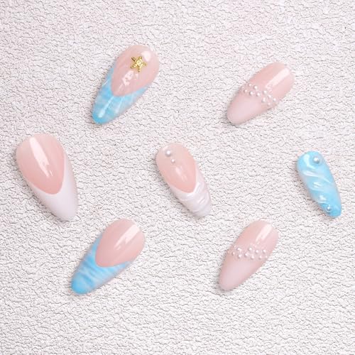 3D Blue Press on Nails Almond Medium French Tip Fake Nails - color: 3D Embossed design 12