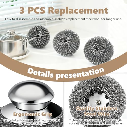 Steel Wool Scrubber, 4-Pack Stainless Steel Scrubber Pads with Handle - The Ultimate Scouring Solution for Rust, Stubborn Messes on Cookware, Grill, Oven & Kitchen Sinks - size: 1 Handle+3 Pads