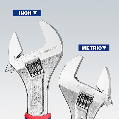 WORKPRO 8-Inch Adjustable Wrench, Wide Jaw, Metric/SAE Scales | Rubber Anti-Slip Grip, Premium Cr-V Steel, Chrome-Plated Finish for Strength and Corrosion Resistance - size: 8 inch