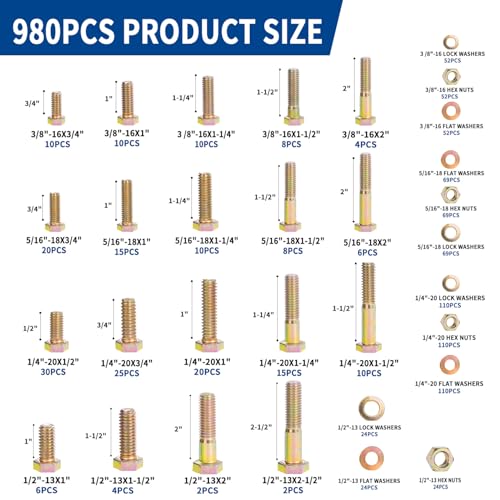 980cs Grade 8 SAE Bolts and Nuts Assortment Kit, 1/4-20, 5/16-18, 3/8-16, 1/2-13 Heavy Duty Hex Bolts and Nuts Kit, Assorted Nuts, Bolts, Flat & Lock Washers, Yellow Zinc Plated, Length from 1/2"-2" - size: 980PCS 1/4-20, 5/16-18, 3/8-16, 1/2-13
