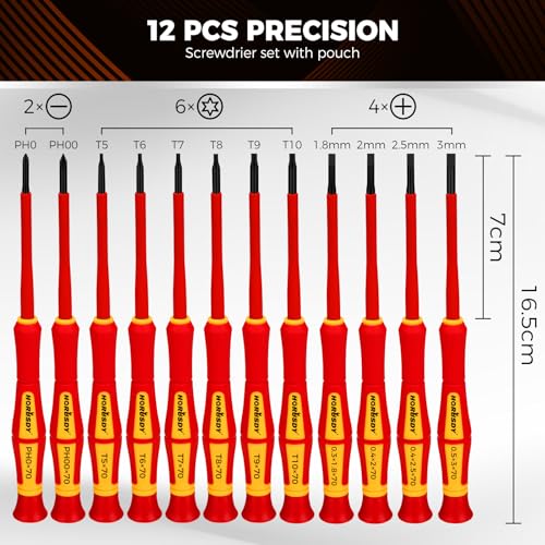 HORUSDY 12-Piece Precision Screwdriver Set, 1000V Insulated Electrician Screwdrivers with Magnetic Tips & Rotatable Top Cap, Phillips PH0/PH00, Slotted 1.8–3mm & Torx T5–T10 with Portable Storage Bag - style: 12-Piece Precision Screwdriver Set