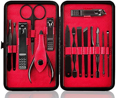 Professional Stainless Steel Nail Clipper Travel & Grooming Kit Nail Tools Manicure & Pedicure Set of 15pcs with Luxurious Case (Black/Red) - color: Black/Red