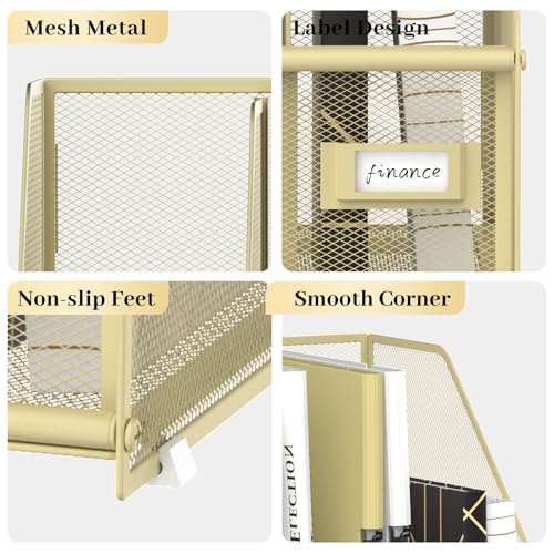 SUPEASY Desk Organizers Metal Desk Magazine File Holder with 5 Vertical Compartments Rack File Organizer for Office Desktop, Classroom, Home Workspace, Golden Yellow, Plus - color: Golden Yellow, size: Large