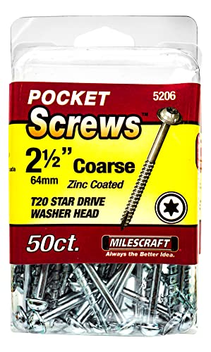Milescraft 5206 Wood Pocket Hole Screws - #7 x 2-1/2" Washer Head with Coarse Thread (50c.), Torx Drive Self-Tapping, For Indoor Use