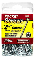 Milescraft 5206 Wood Pocket Hole Screws - #7 x 2-1/2" Washer Head with Coarse Thread (50c.), Torx Drive Self-Tapping, For Indoor Use