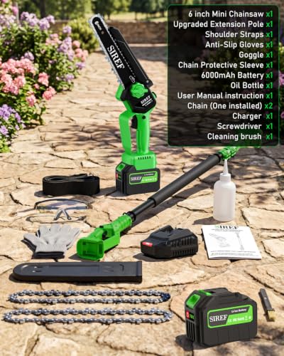 Electric Pole Saw 6inch Mini Chainsaw Cordless Brushless 6.0Ah Batteries Fast Charger Telescopic Power Pole Saw Tree Trimmer Limb Branch Cutter Pruner 16 Ft Max Reach Multi-Angle Green - color: Green-1 Battery