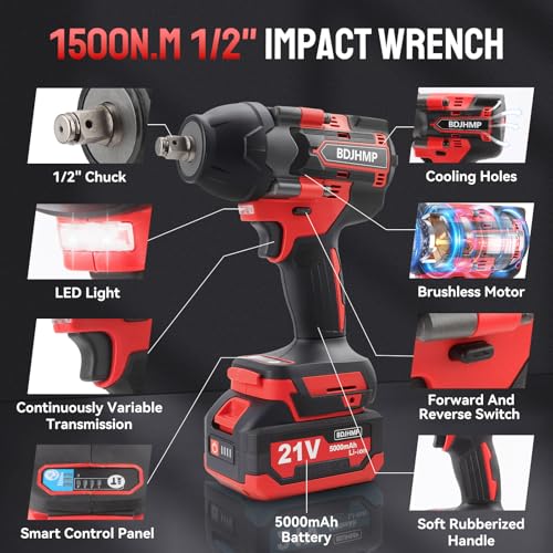 Cordless Impact Wrench 1/2 Inch, 1500 N.m/1106ft-lbs Brushless Impact Gun - color: Red With Battery