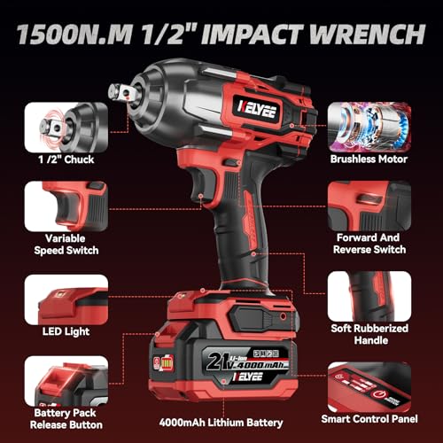 1/2" Cordless Impact Wrench 1107Ft-lbs(1500N.m) with 21V 2 Battery - color: Large
