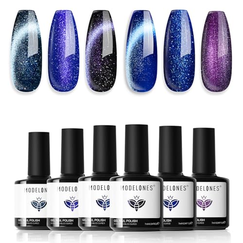 modelones Blue Cat Eye Gel Nail Polish Set, 6 Colors Glitter Magnet - color: A1-Midnight Hues