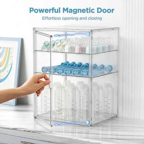 HBlife Baby Bottle Storage Organizer for Countertop Cabinet, 3 Tiers Adjustable Clear Acrylic Bottles Storage Station Case Box Container with 2 Removable Dividers and Magnetic Door, X-Large - size: X-Large, style: 3-Tier Single Door