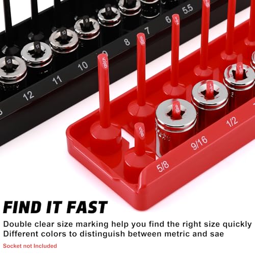 1/4-Inch Drive Socket Organizer Trays, 2-Piece SAE and Metric Socket Tray Set, Deep and Standard Socket Holders Organizers for Toolbox, Black & Red - size: 1/4-Inch Drive SAE and METRIC