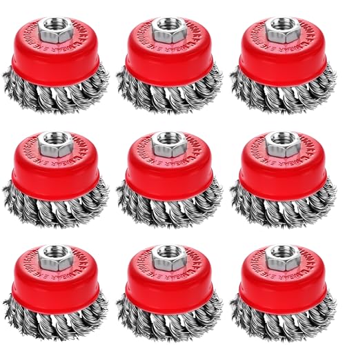 9 Pack Wire Cup Brush for Angle Grinder 5/8"-11 UNC Threaded Arbor Knotted Carbon Steel Wire Brushes Rust & Paint Removal Heavy Duty Cleaning Cup Brush Set