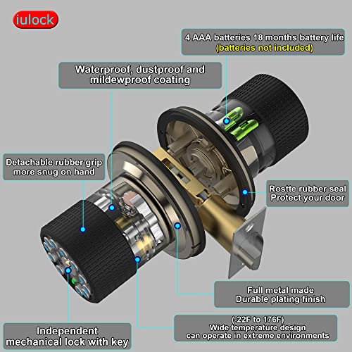 iulock Smart Door Knob with Keypad and Key,Keyless Entry Door Lock with Rubber Grip, Auto Lock,50 User Code,Waterproof, Easy to Install and Program for Bedroom (Matte Black Same Key 2 Pack) - color: Black
