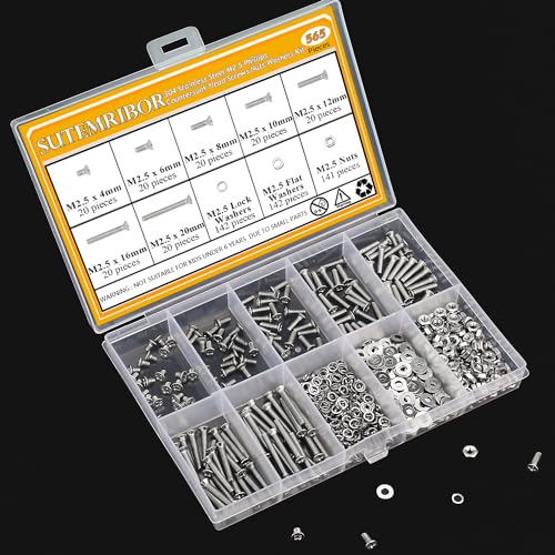 565 Pieces M2.5 Machine Screws Nuts Washers Set, Sutemribor M2.5 x 4/6/8/10/12/16/20mm Phillips Countersunk Head Machine Screws Nuts Washers Assortment Kit, 304 Stainless Steel, Fully Threaded - size: M2.5, style: Phillips Countersunk Head