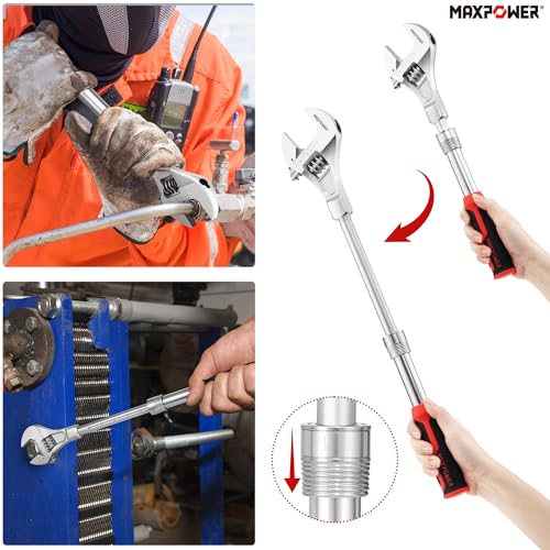 MAXPOWER Extendable Adjustable Wrench, Retractable Extension Shank 13.8" to 19.7", Soft Grip Handle