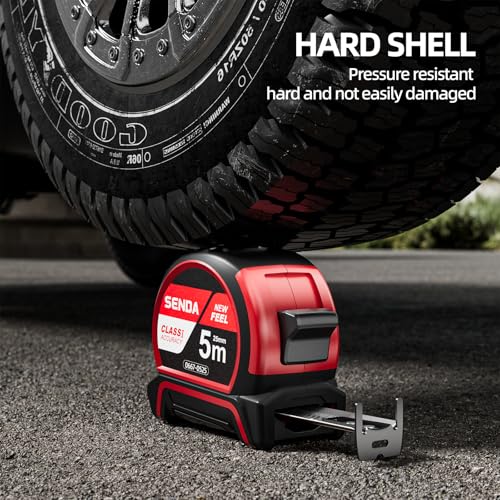SENDA Tape Measure 16FT with 1/8 Fraction, Double-Hook Measuring Tape Retractable with 1 Inch Wide Blade & Belt Clip, ABS TPR Rubber Protection,Matte Nylon-Coated Blade for DIY, Construction (1 Pack) - color: Red, size: 16 FT