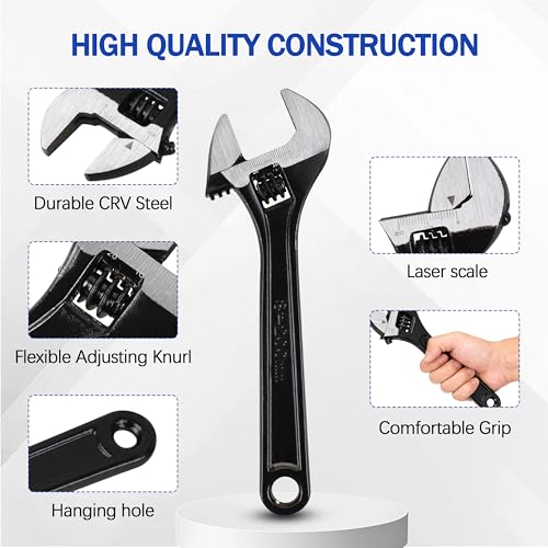 8" Adjustable Wrench,Black Oxide Finish Wide Jaw Spanner