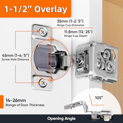 Decobasics 50 Pack Soft Close Cabinet Hinges 1-1/2" Overlay for Kitchen Cabinet Doors, Slow Self-Closing Concealed Hidden Hinges for Face Frame –Stainless Steel, 3-Way Adjustable & Quiet Close Damper - size: 1-1/2 Inch