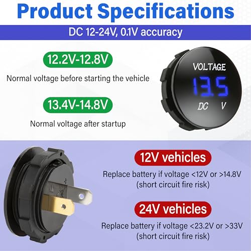 2 PCS DC 12V 24V Volt Meter, Car LED Digital Voltmeter Gauge - color: 2 PCS Blue