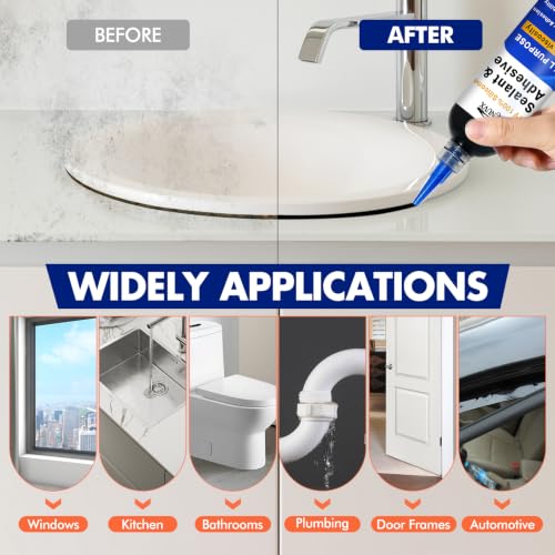 RTV Silicone Sealant Adhesive, 100% Waterproof & Flexible Caulk with Finishing Tool, Shrink & Crack Proof, Strong Bonding for Auto, Kitchen, Bathroom, Window, Door Repair (1.4oz)