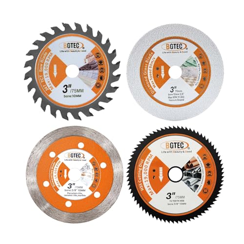 BGTEC Circular Saw Blade - 4PCS 3" Cutting Dics Arbor 3/8" for Wood Plastic Glass Tile Metal Steel - style: TCT+Glass+Tile+Metal