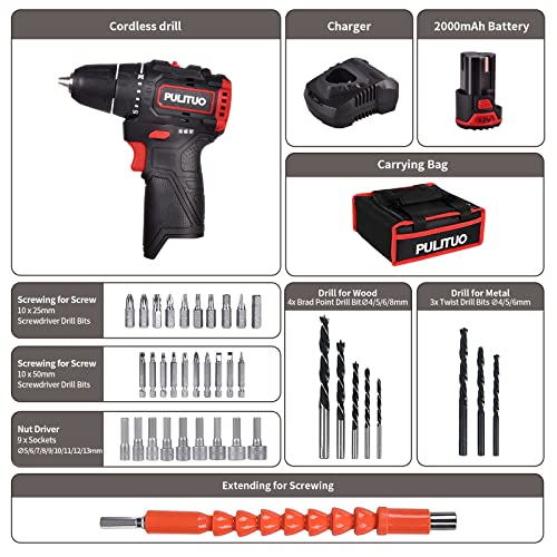 PULITUO Brushless Electric Drill Set,[Brushless Motor],12V Power Drill 310 In-lb Torque, 20+1 Clutch, 3/8" Keyless Chuck,45min Fast Charger, 2 Speed, LED Light for Home and DIY Project - color: 75933-red