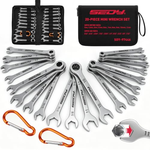 Premium Midget Wrench Set - 22-Piece Mini Combination Wrench Set Metric & SAE Ignition Wrench Sets 4-10mm & 5/32'' to 7/16'' Lightweight Small Carry Pouch - color: 22-pc Small Wrench Set
