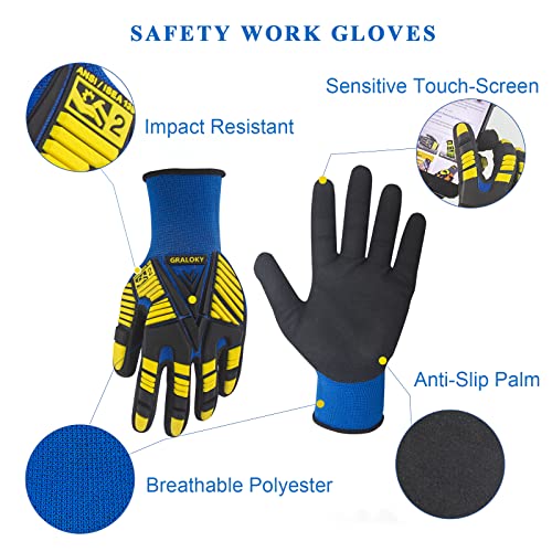 3 Pairs Work Gloves,Impact Resistant Gloves with Rubber Men Women - size: Large