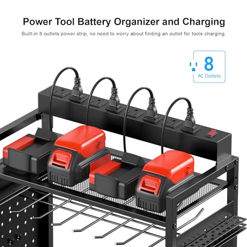 CCCEI Garage Power Tools Organizer Cart with Charging Station, Black Floor Standing Rolling Drill and Tools Battery Storage Cart on Wheels. Utility Rack Gift for Men, Husband, Father. - size: Standard