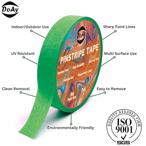 5 Rolls Pinstripe Tape - Masking Tape 1/16", 1/8", 1/4", 1/2", 3/4" - Thin Painters Masking Automotive Tape for DIY, Car, Auto, Paint, Art, Tumblers (Green) - color: Green