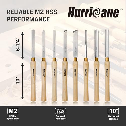 HURRICANE 8pc Wood Lathe Chisel Set, M2 HSS Wood Turning Tools with 10" Solid Hardwood Handles, Lathe Tool Kit for Beginners and DIY Hobbyists, Includes Protective Canvas Pouch - size: 8 pc with Canvas Pouch