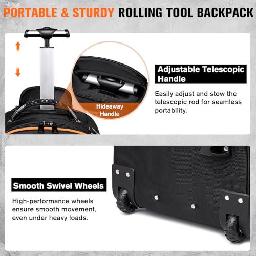 AUROPEAK Rolling Tool Backpack, 47 Pocket Heavy Duty Tool Bag with Wheels - size: 1.57" Wheel